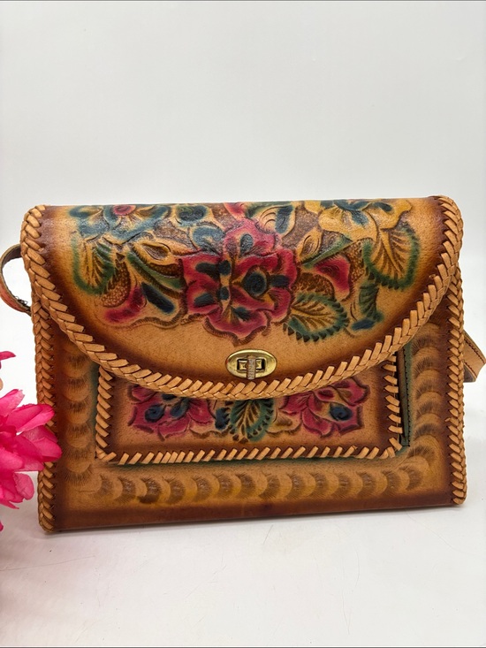 Vintage Handbags - Vintage Mexican Hand-Tooled Floral Leather Crossbody Bag - Tan Multicolor Floral